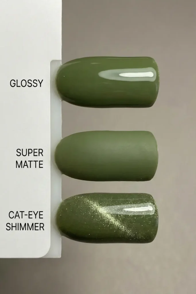 Different finishes for moss green nail polish.