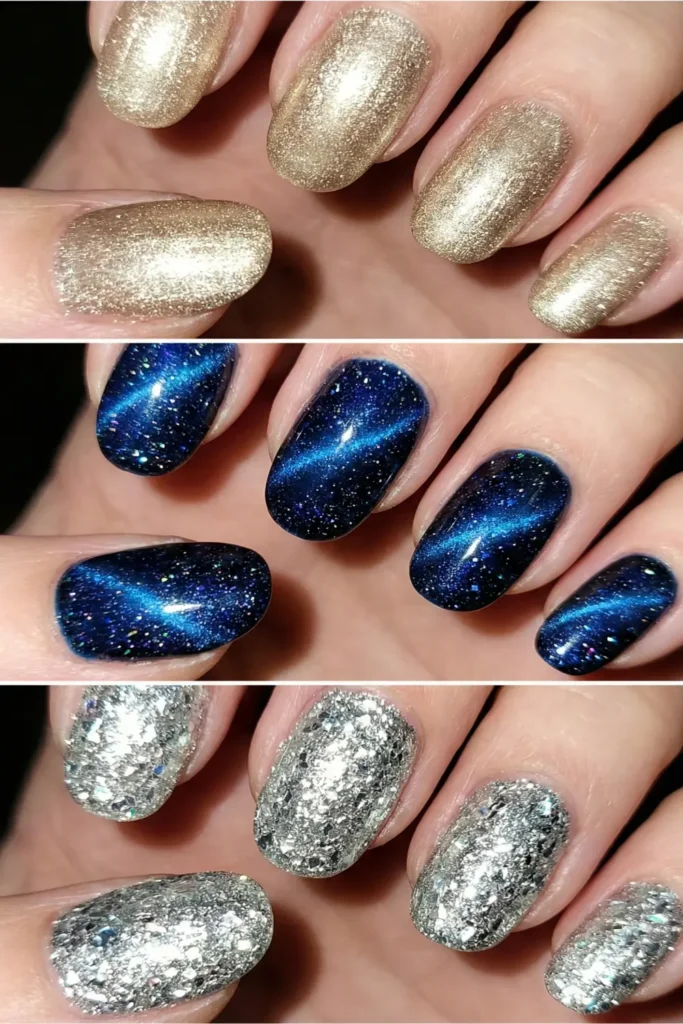 Best cat-eye and velvet nail colors for New Year's Eve.