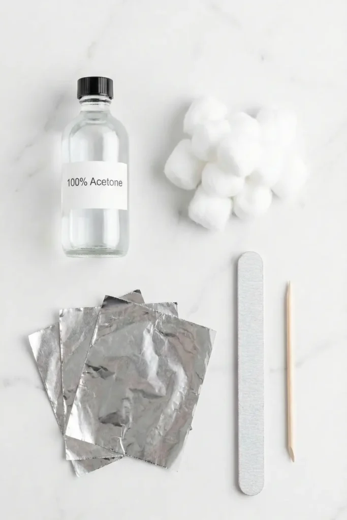 Supplies needed to remove gel nail polish at home.