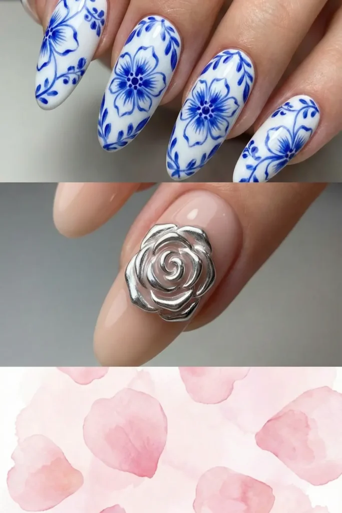 Unique flower nail art trends including porcelain and chrome styles.