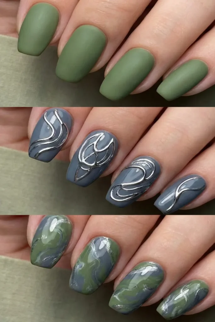 Nail art designs using moss green and slate grey polish.