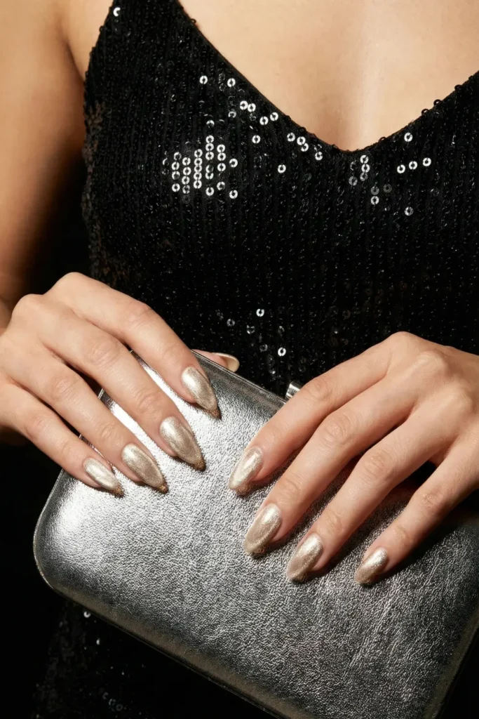 Styling velvet nails with sequin party dresses.