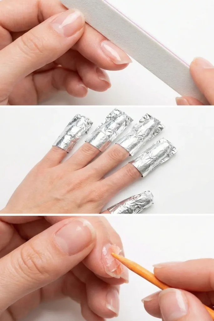 Step by step guide to soaking off gel polish.