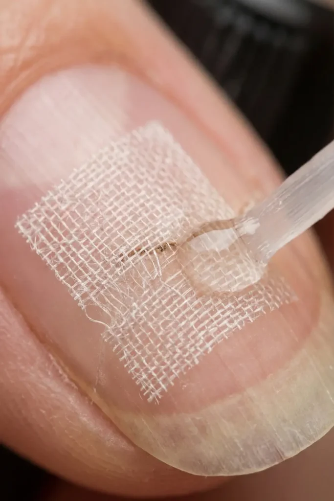 Silk wrap nail repair texture close up.