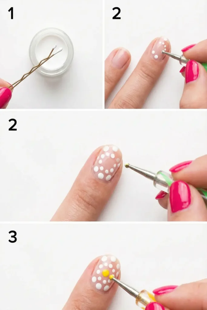DIY daisy flower nail art tutorial using a bobby pin.