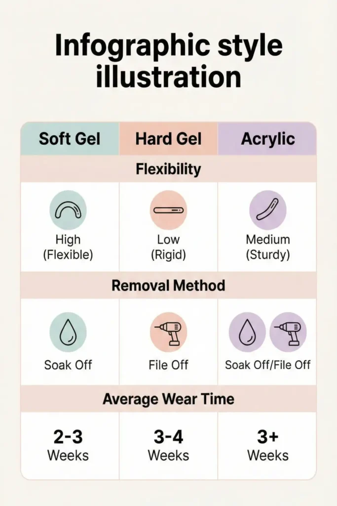 Comparison chart soft gel hard gel acrylic.
