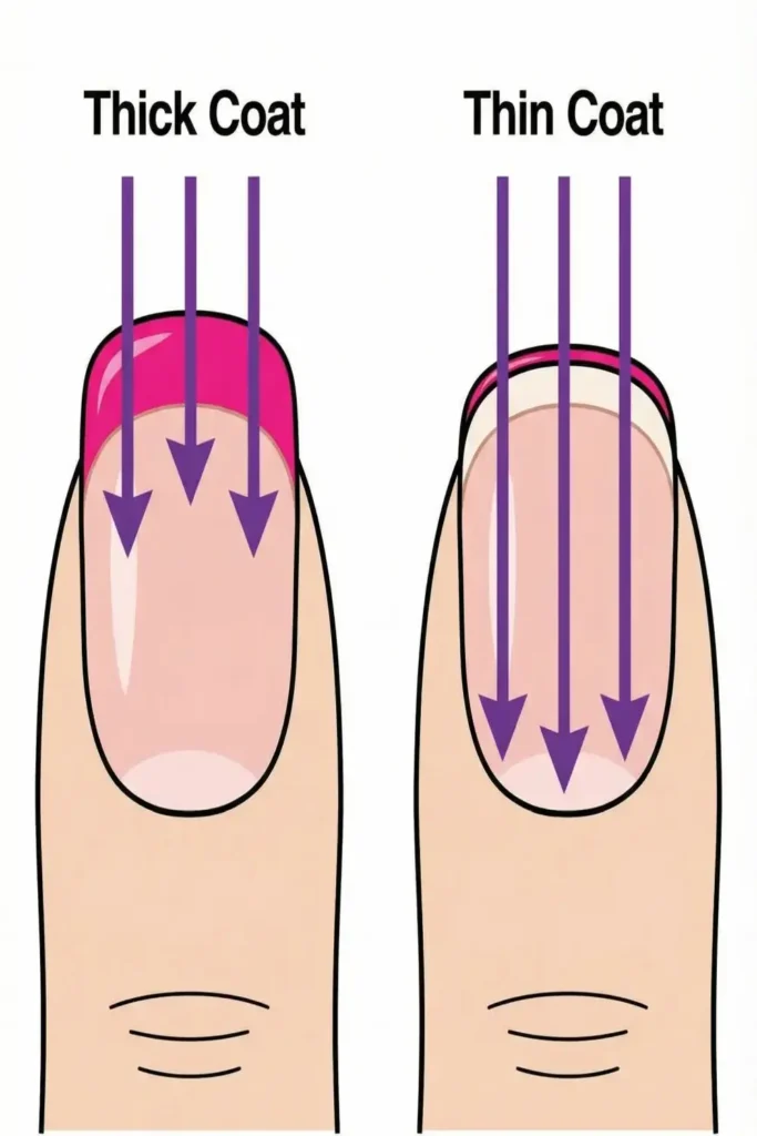 Diagram of UV light curing thick vs thin gel polish.