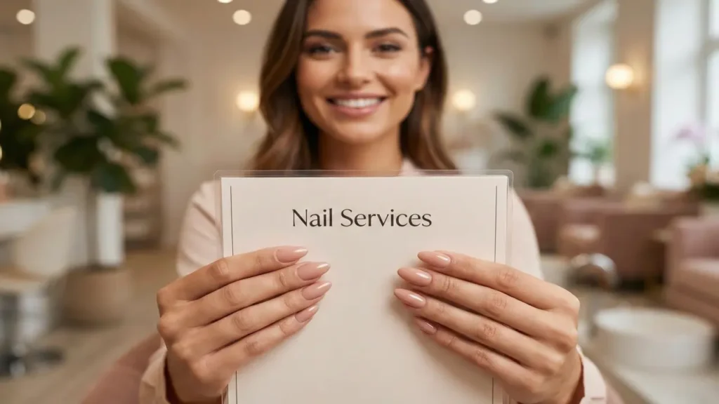 Confident woman choosing nail service at salon.